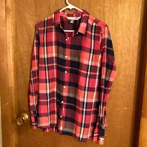 Old Navy-Lg-Red blue and white plaid. All buttons on it. Great shape
